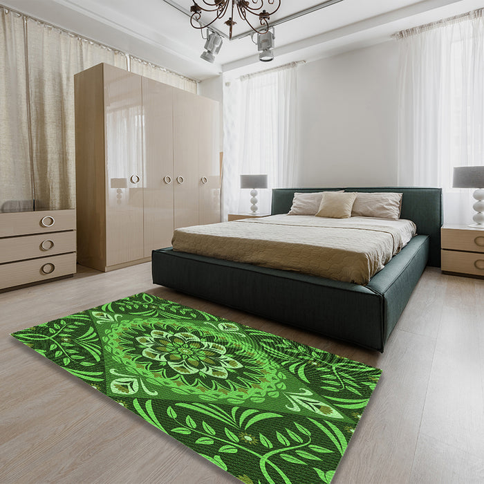 Round Machine Washable Transitional Deep Emerald Green Rug in a Office, wshpat3188grn