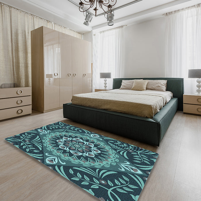 Round Machine Washable Transitional Deep-Sea Blue Rug in a Office, wshpat3188lblu