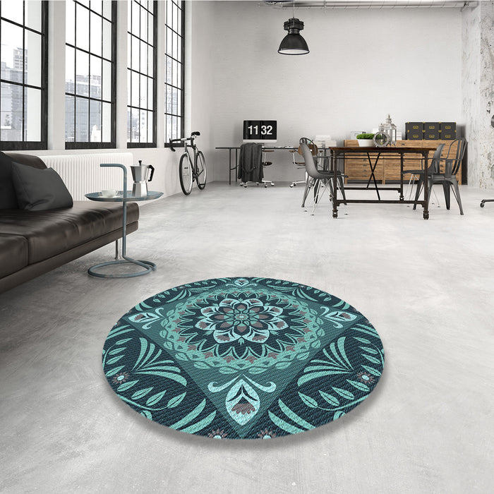 Round Patterned Deep-Sea Blue Rug in a Office, pat3188lblu