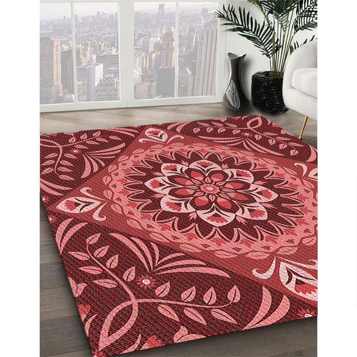 Patterned Cranberry Red Rug in Family Room, pat3188rd