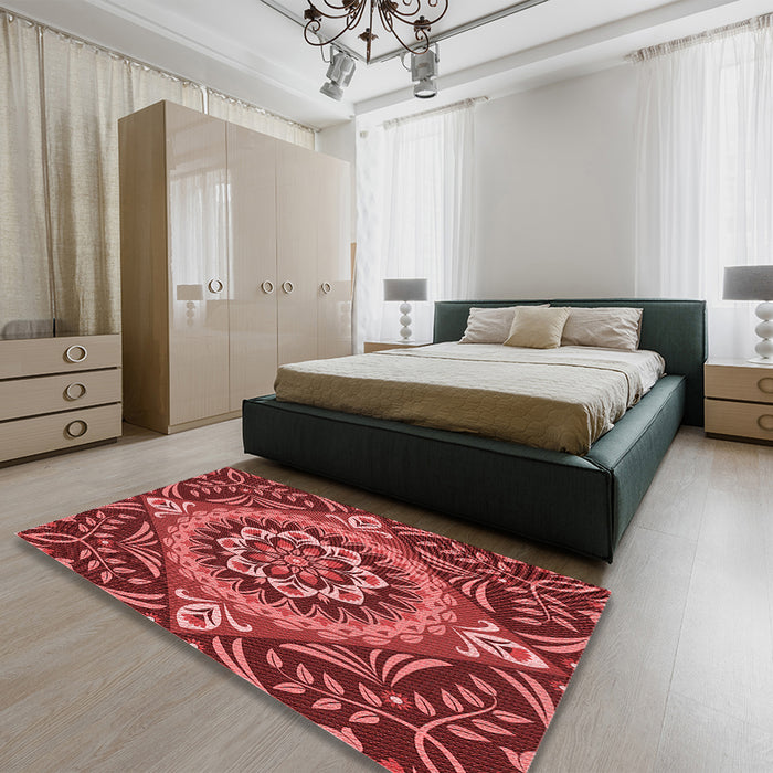 Round Machine Washable Transitional Cranberry Red Rug in a Office, wshpat3188rd