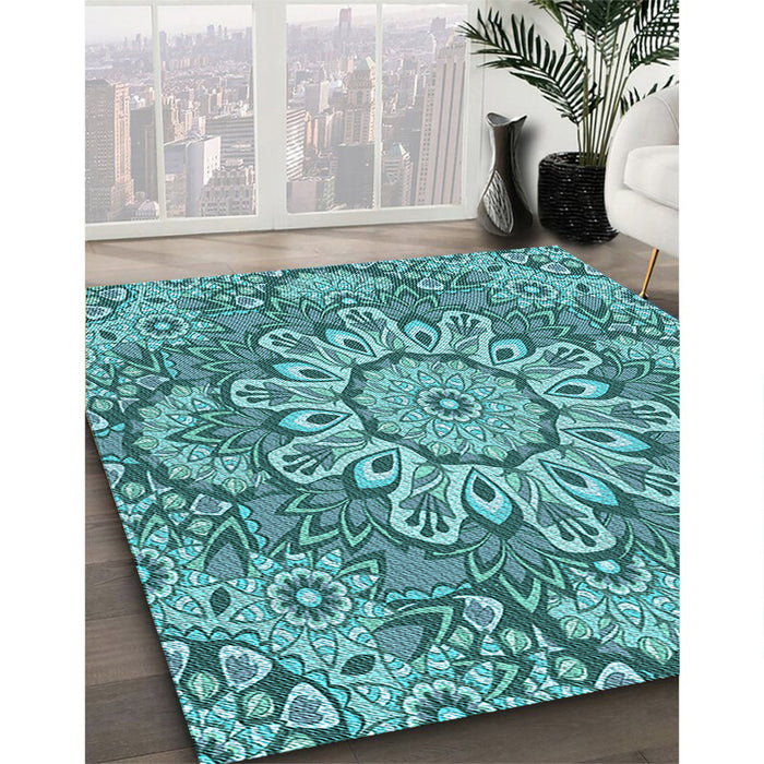 Patterned Teal Green Rug in Family Room, pat3190lblu