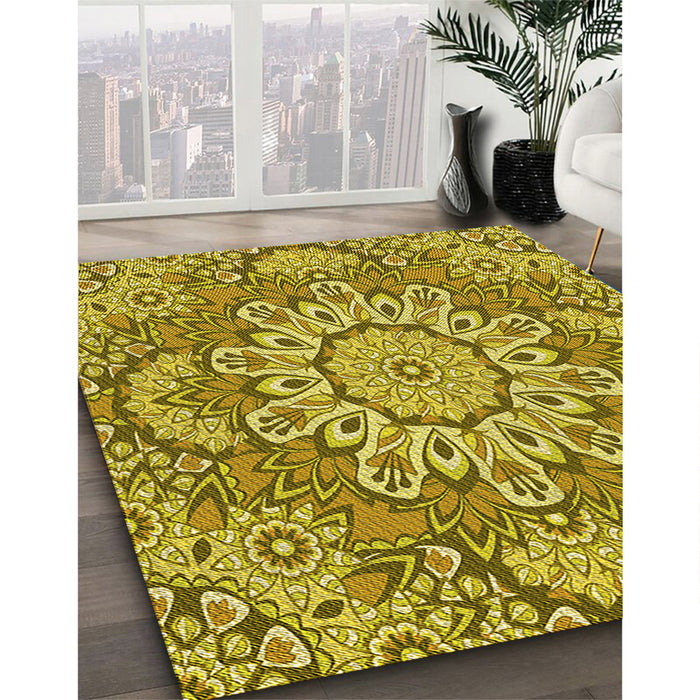 Patterned Dark Yellow Green Rug in Family Room, pat3190yw