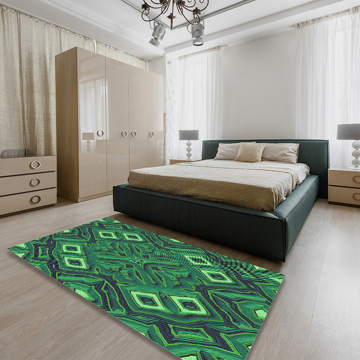 Patterned Dark Blue Grey Blue Rug in a Bedroom, pat3191grn