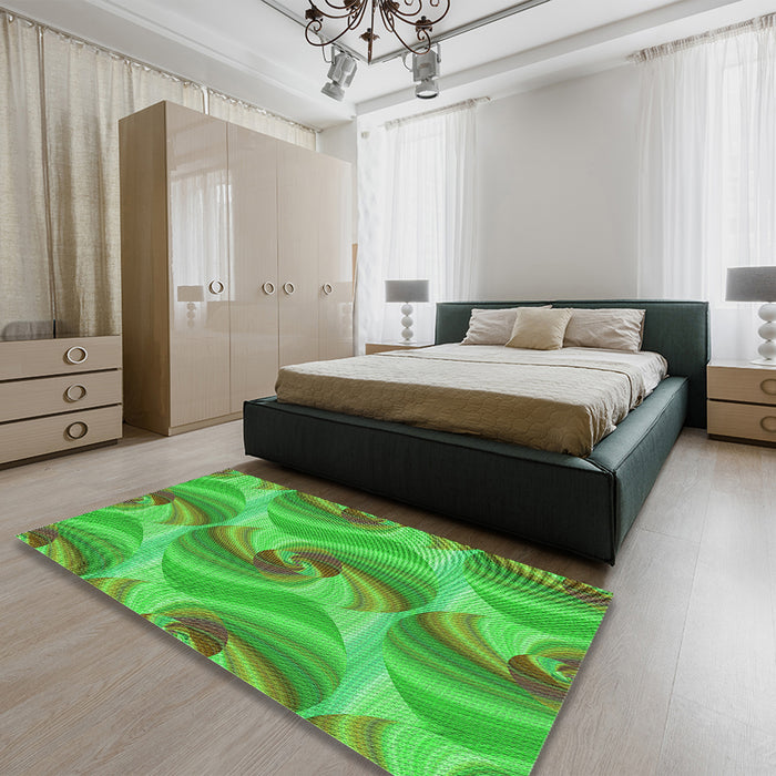 Patterned Dark Lime Green Rug in a Bedroom, pat3199grn