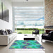 Machine Washable Transitional Deep-Sea Green Rug in a Kitchen, wshpat3199lblu