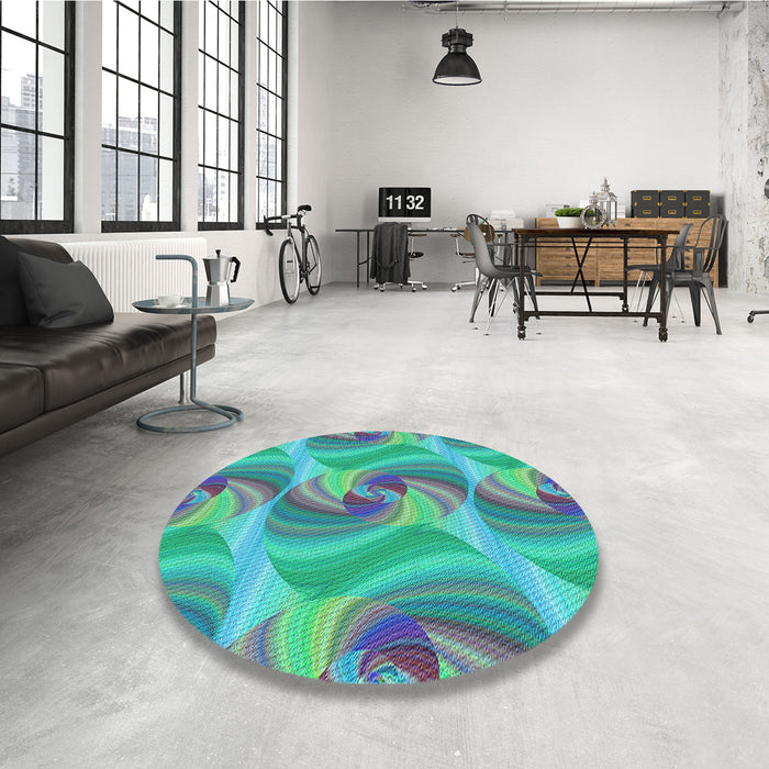 Round Patterned Deep-Sea Green Rug in a Office, pat3199lblu
