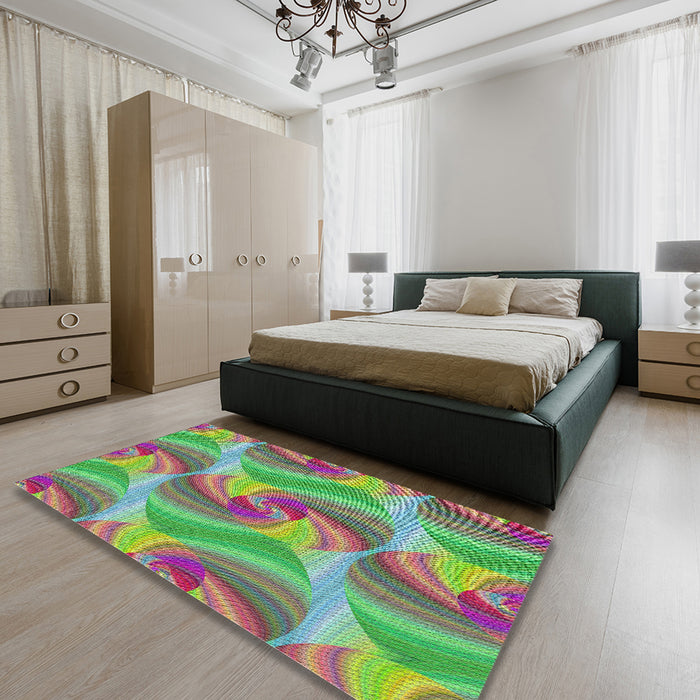 Patterned Green Modern Rug in a Bedroom, pat3199