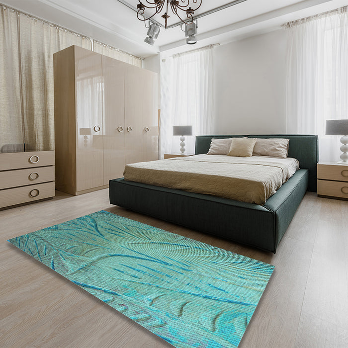 Patterned Turquoise Green Rug in a Bedroom, pat320lblu