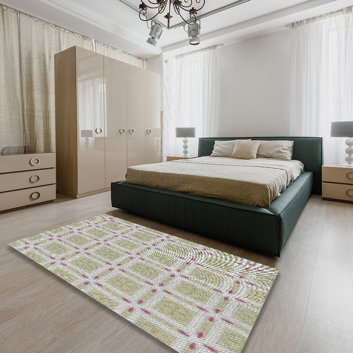 Patterned Khaki Green Novelty Rug in a Bedroom, pat3204