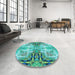 Round Patterned Dark Cyan Green Rug in a Office, pat3205lblu