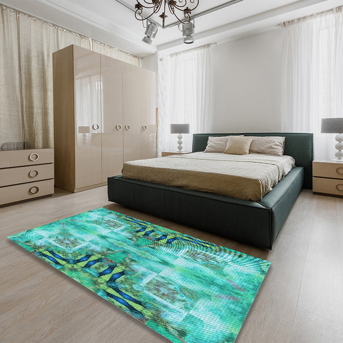 Patterned Dark Cyan Green Rug in a Bedroom, pat3205lblu