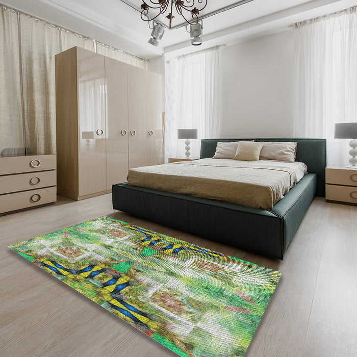 Patterned Green Modern Rug in a Bedroom, pat3205