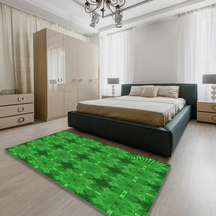 Patterned Green Rug in a Bedroom, pat3210grn
