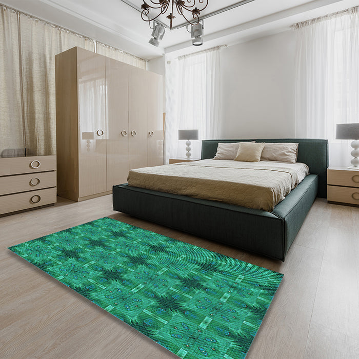 Patterned Medium Teal Green Rug in a Bedroom, pat3210lblu