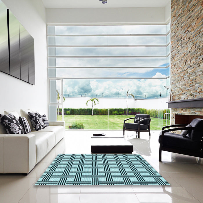 Square Patterned Medium Teal Green Rug in a Living Room, pat3215lblu