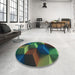 Round Patterned Gunmetal Green Rug in a Office, pat3219lblu