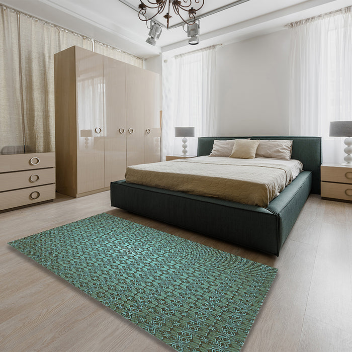 Patterned Army Green Rug in a Bedroom, pat322lblu