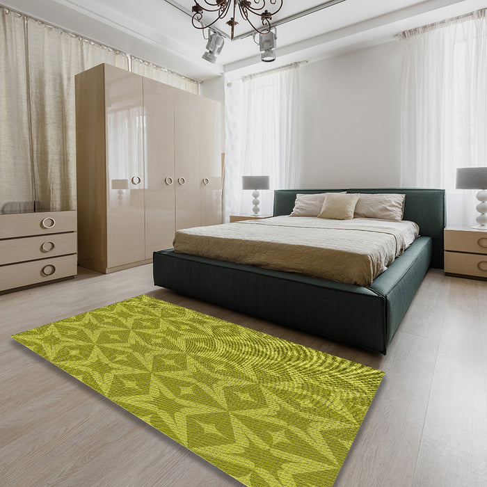Patterned Olive Green Novelty Rug in a Bedroom, pat3230