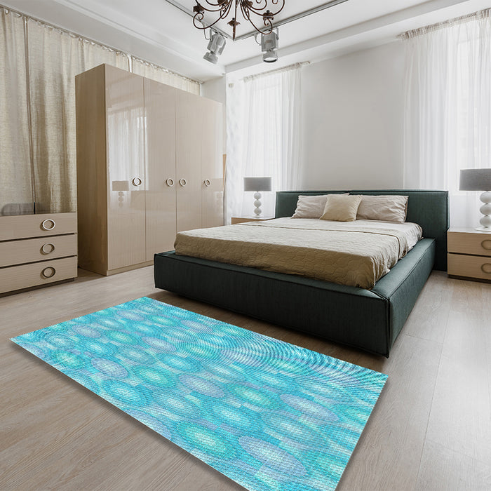 Round Machine Washable Transitional Bright Turquoise Blue Rug in a Office, wshpat3254lblu