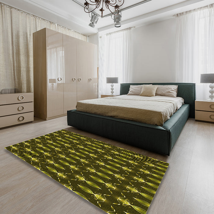 Patterned Dark Yellow Green Rug in a Bedroom, pat3256yw