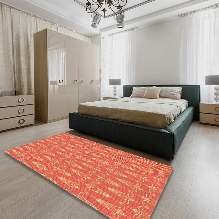 Patterned Neon Red Rug in a Bedroom, pat3257org