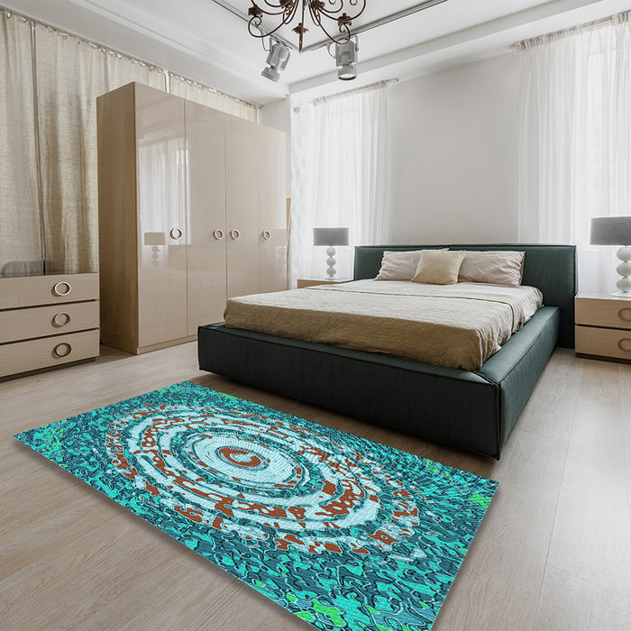Patterned Greenish Blue Green Rug in a Bedroom, pat3259lblu
