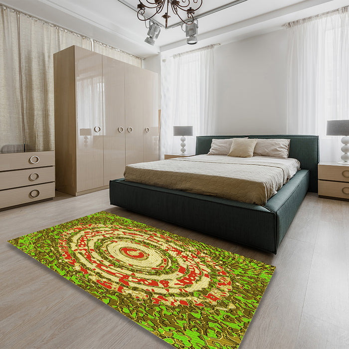 Patterned Dark Bronze Brown Rug in a Bedroom, pat3259yw