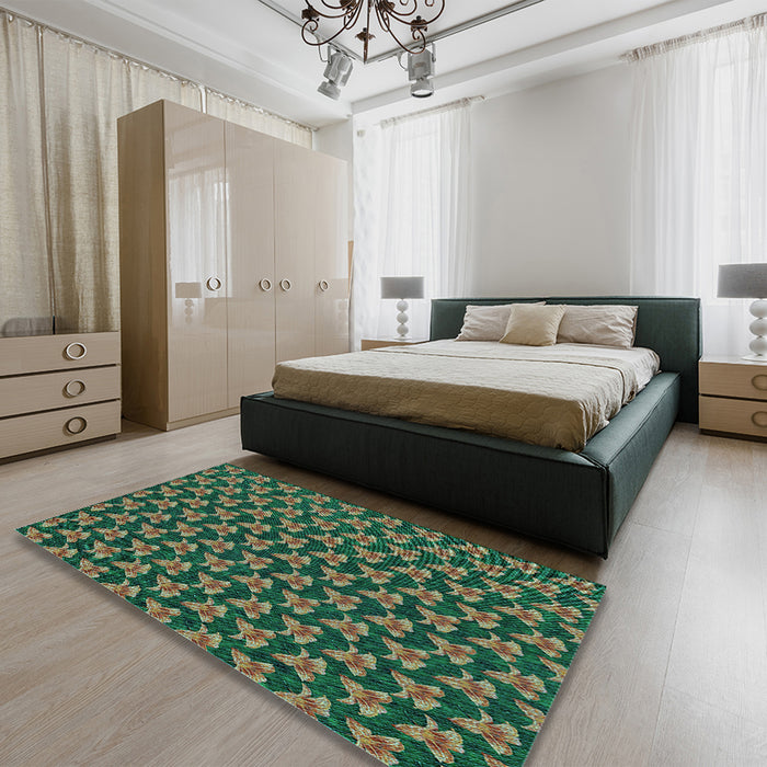 Patterned Army Green Rug in a Bedroom, pat326lblu