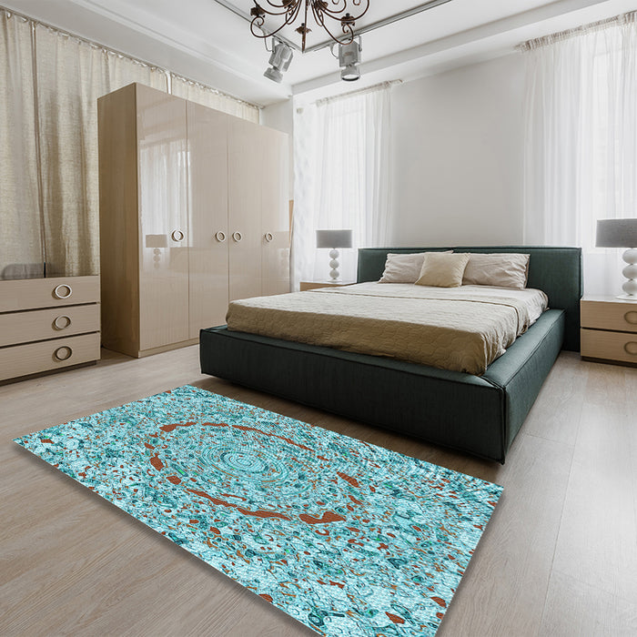 Patterned Sea Green Rug in a Bedroom, pat3260lblu