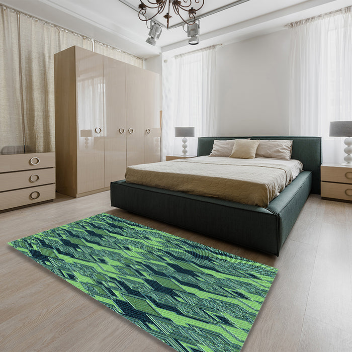 Patterned Emerald Green Rug in a Bedroom, pat3266lblu