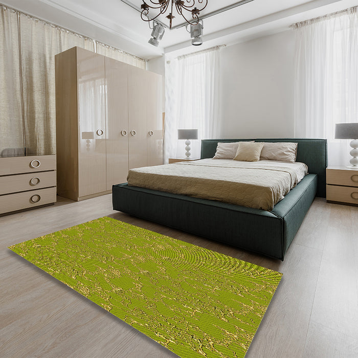 Patterned Dark Yellow Green Rug in a Bedroom, pat3267yw