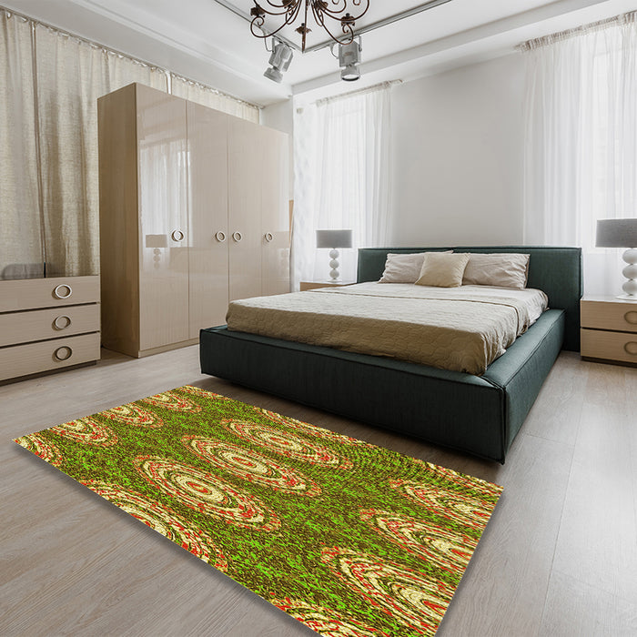 Patterned Dark Bronze Brown Rug in a Bedroom, pat3268yw