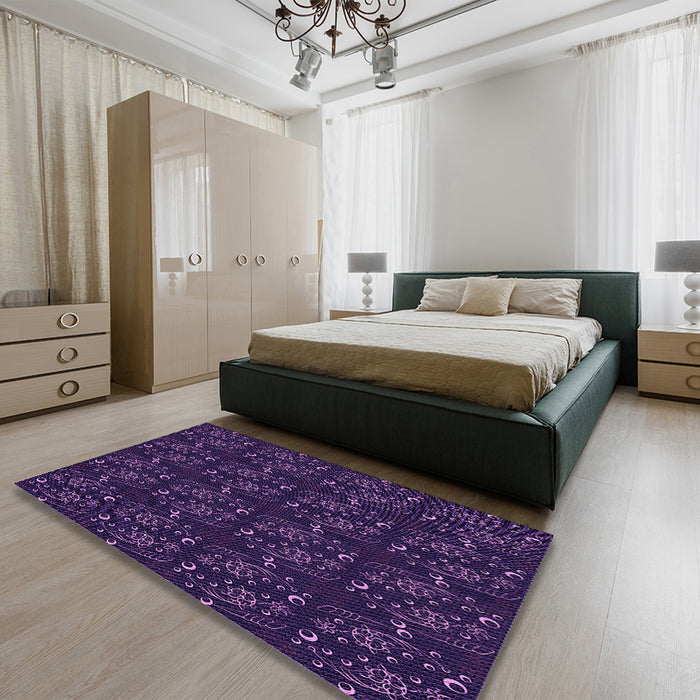 Patterned Night Blue Rug in a Bedroom, pat3277pur