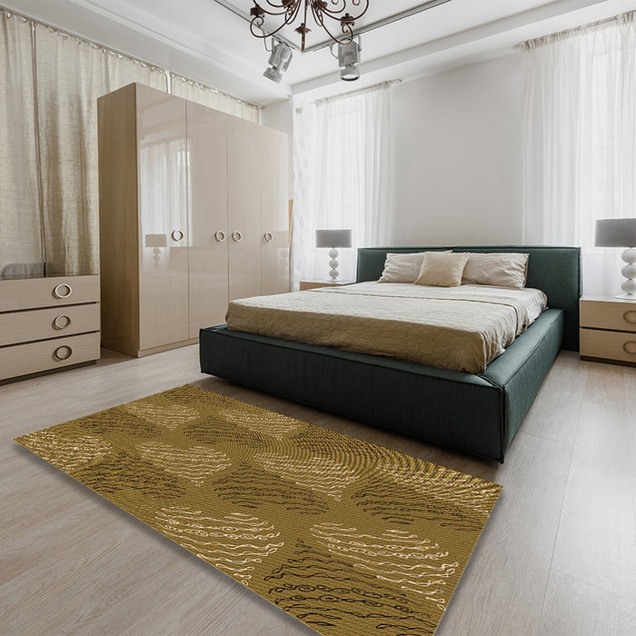 Patterned Dark Bronze Brown Rug in a Bedroom, pat3279org