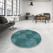 Round Machine Washable Transitional Macaw Blue Green Rug in a Office, wshpat3279