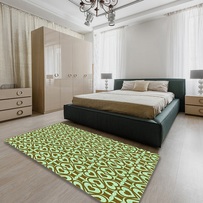 Patterned Dark Bronze Brown Rug in a Bedroom, pat328grn