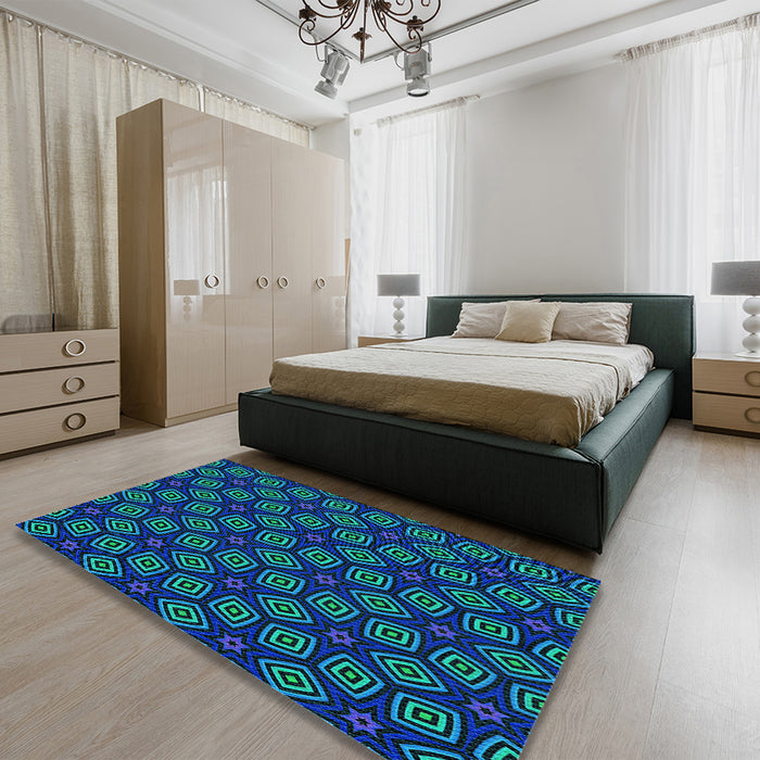 Patterned Dark Turquoise Green Rug in a Bedroom, pat3281lblu
