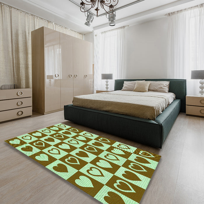 Patterned Dark Bronze Brown Rug in a Bedroom, pat329grn