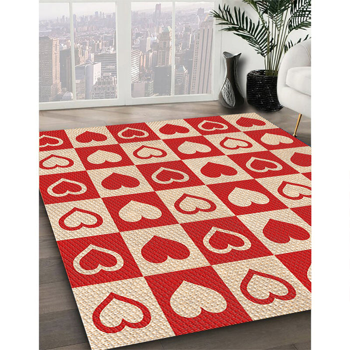 Patterned Red Rug in Family Room, pat329org