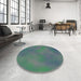 Round Machine Washable Transitional Deep-Sea Green Rug in a Office, wshpat3293