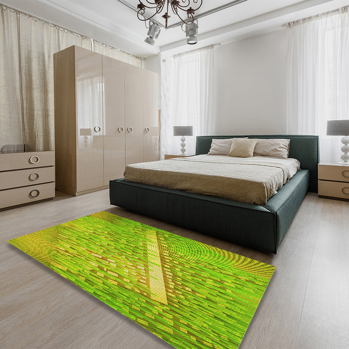 Patterned Dark Yellow Green Rug in a Bedroom, pat3299yw