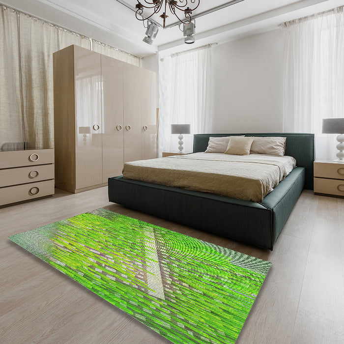 Patterned Yellowish Green Modern Rug in a Bedroom, pat3299