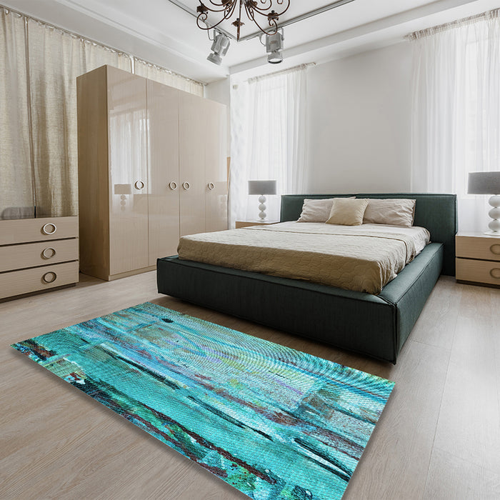 Patterned Aquamarine Stone Green Rug in Family Room, pat33lblu