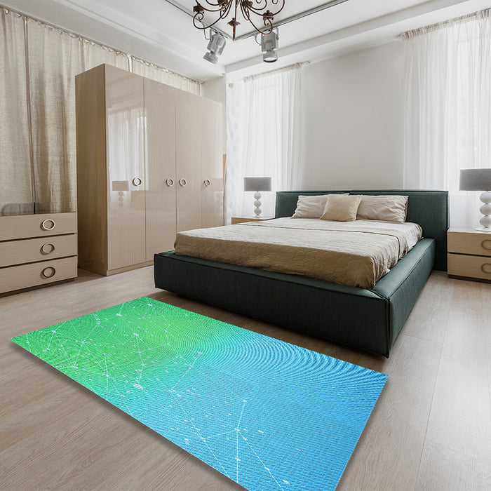 Patterned Dark Turquoise Green Rug in a Bedroom, pat3305lblu