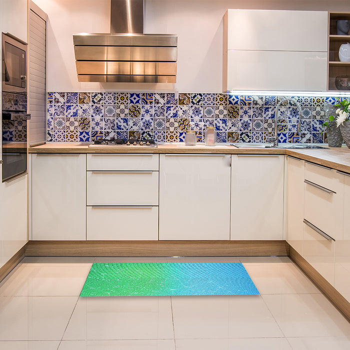 Patterned Dark Turquoise Green Rug in a Kitchen, pat3305lblu