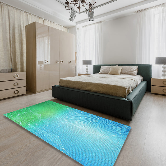 Patterned Dark Turquoise Green Rug in a Bedroom, pat3306lblu