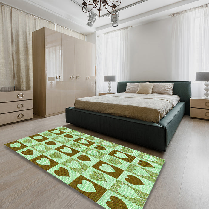 Patterned Olive Green Rug in a Bedroom, pat331grn