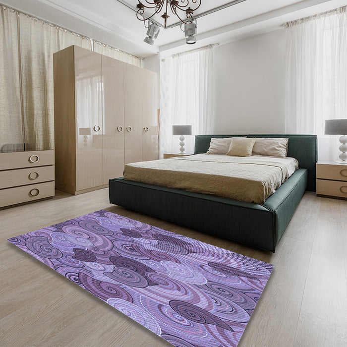 Patterned Purple Mimosa Purple Rug in a Bedroom, pat3320blu