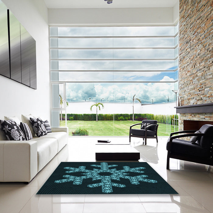 Square Patterned Dark Cyan Green Rug in a Living Room, pat3325lblu
